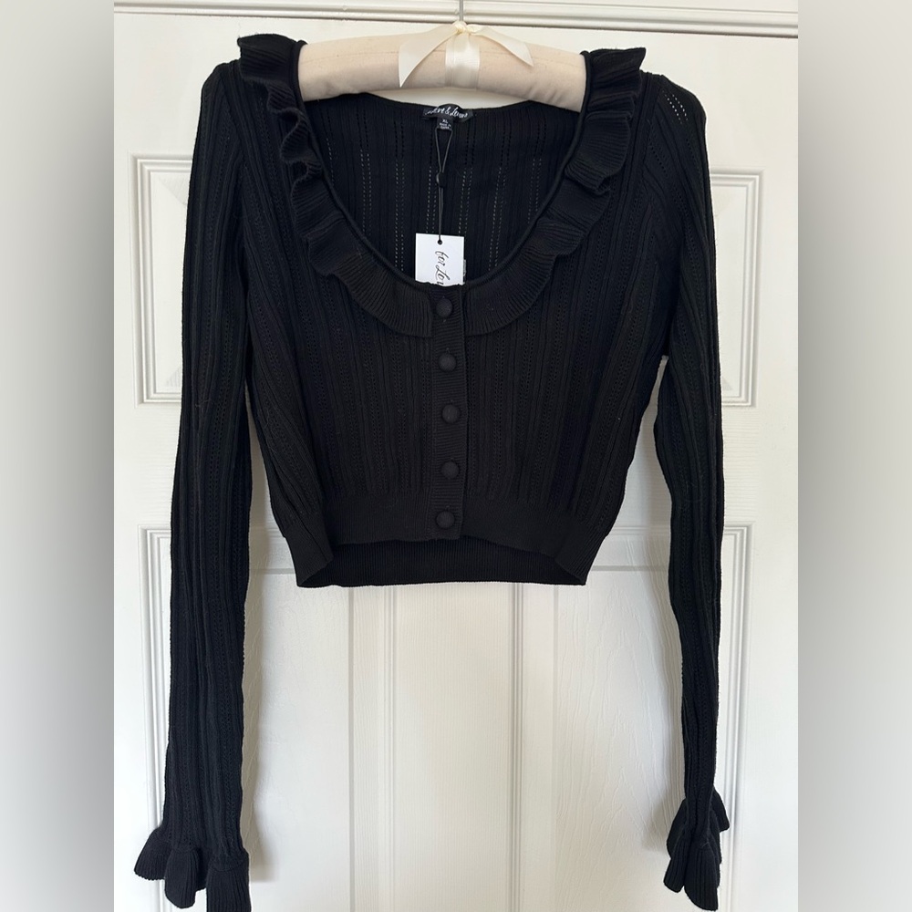 NWT For Love & Lemons Camille Pointelle Black Cardigan Girly Crop Cardigan - Picture 2 of 7